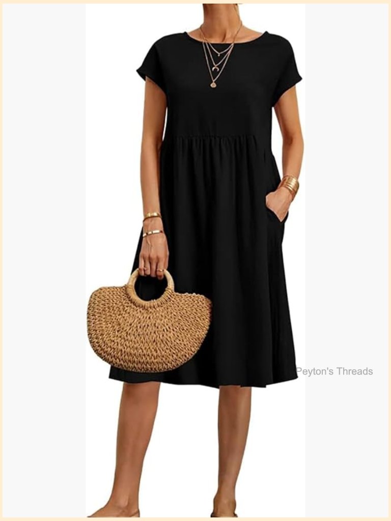 Cotton Linen A-Line Midi Dress With Pockets Casual Flowy Beach Vacation